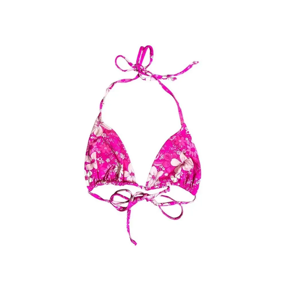Frankies Bikinis Pink Hibiscus Floral Triangle Bikini Top - Size Large